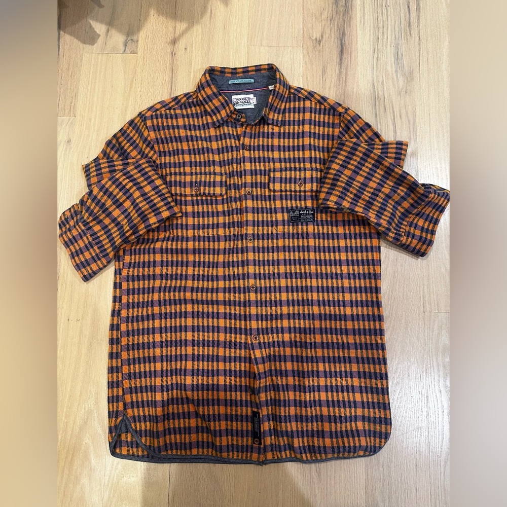 Scotch & Soda Men's Orange and Black Plaid Shirt